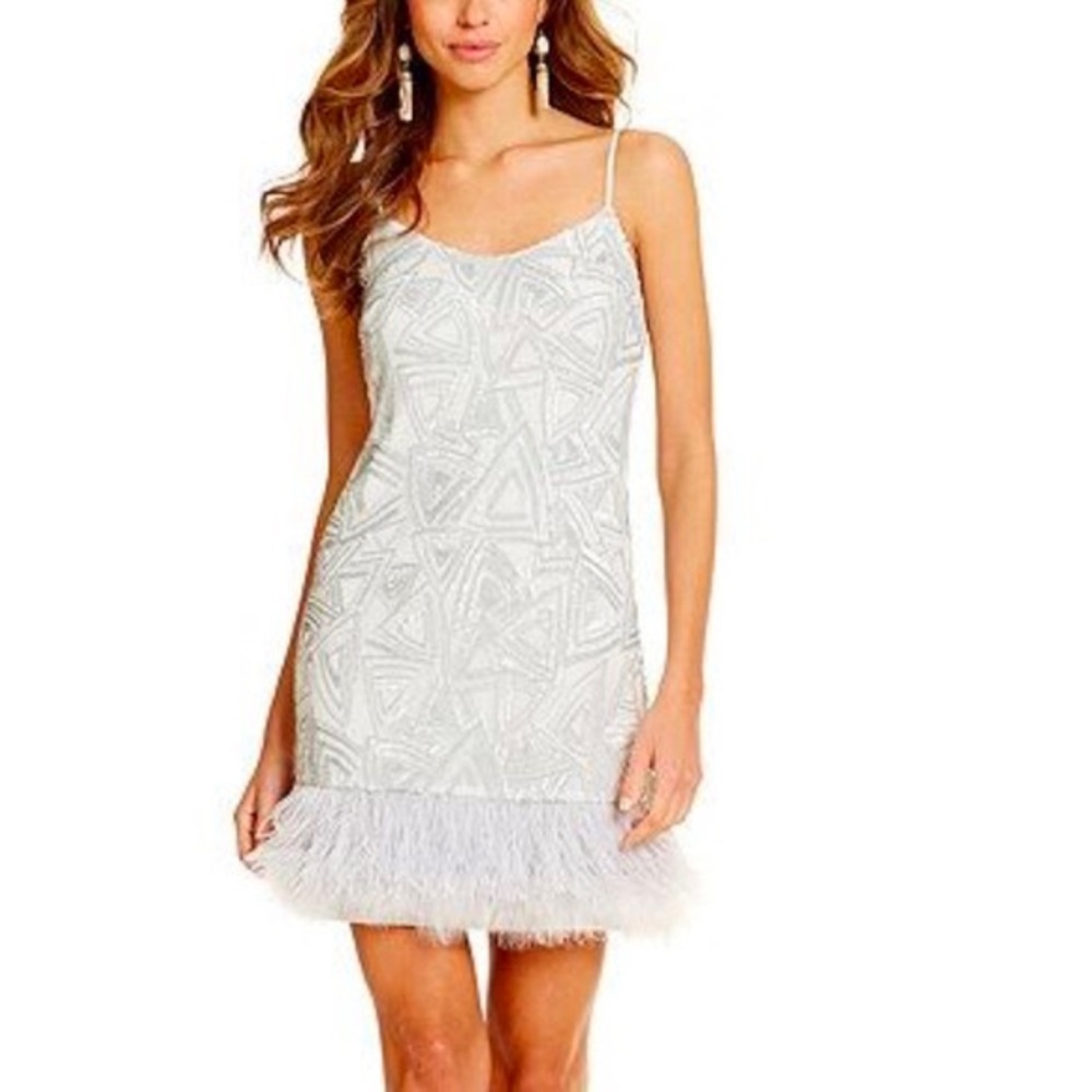 Gianni Bini Kyra Silver Sequin Feather Trim Sheath Dress | sz XS